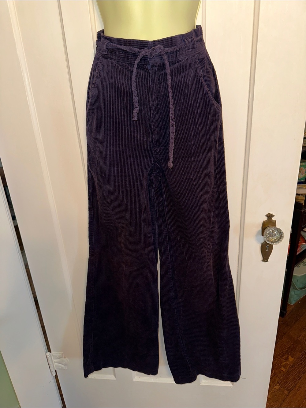 Vintage 70s Garland Brand Wide-Leg Dark Navy Corduroy Pants That Tie At Waist